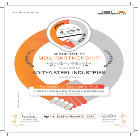 MOU Partner Certificate - Aditya Steel Industries