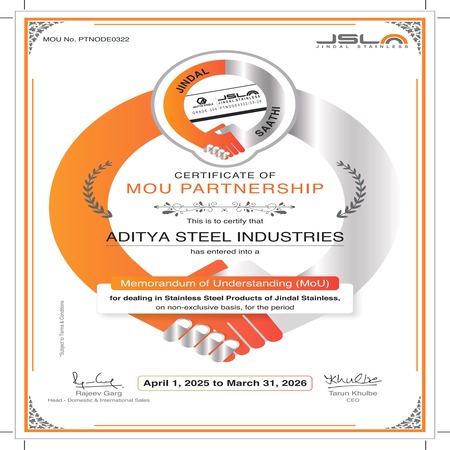 MOU Partner Certificate - Aditya Steel Industries